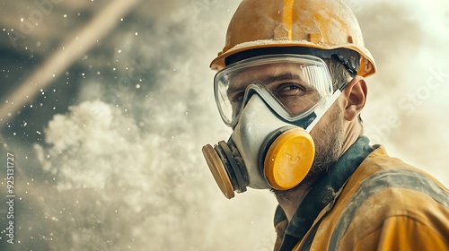 A construction worker wears a respirator and safety goggles while working in a dusty environment.