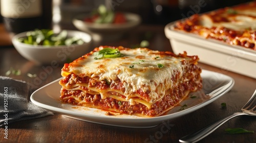 Traditional Italian lasagna with layers of pasta, meat sauce, and melted cheese.