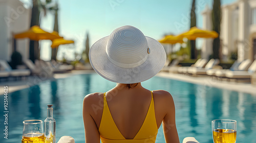 Elegant and stylish woman wearing a wide brimmed straw hat relaxing by the poolside of a luxurious tropical resort sipping a refreshing cocktail and soaking up the warm summer sun in a peaceful