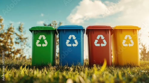 Four vibrant recycling bins stand on grass, promoting waste segregation with clear recycling symbols under a sunny sky