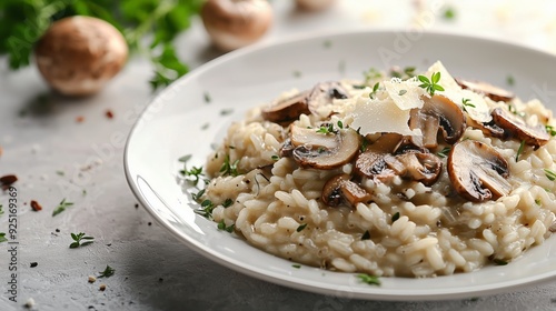 A plate of creamy risotto topped with sauteed mushrooms and parmesan cheese.