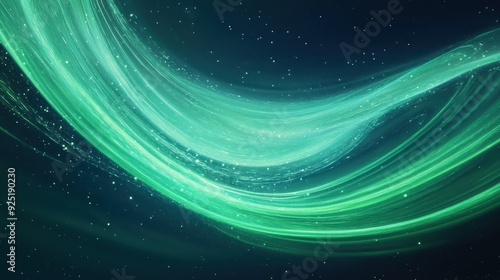 Abstract green wave light trail on a dark starry background, representing motion and energy in a futuristic style.