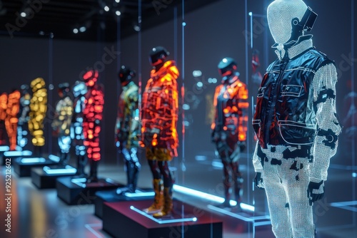 A futuristic design lab where human fashion designers and AI collaborate on creating digital clothing for virtual avatars. The AI generates patterns while the designer oversees and finalizes the