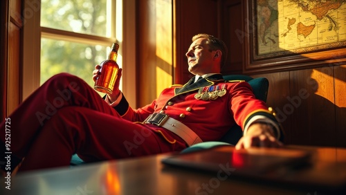 Military Officer Relaxing in Sunlit Room Holding Whiskey Bottle