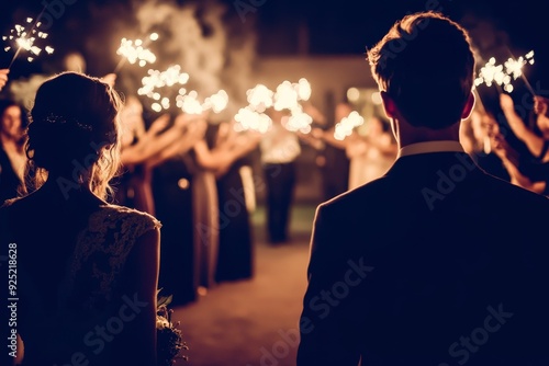 Newlyweds celebrating with sparklers at a night wedding reception in an outdoor venue