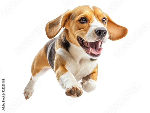 A joyful beagle dog leaping in mid-air, showcasing its playful spirit and energy. Perfect for animal and pet themes.