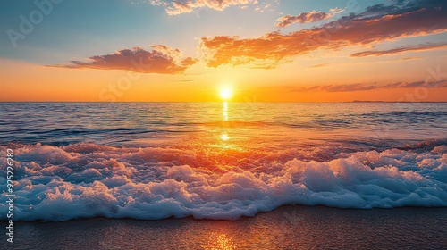 The sun rising over calm ocean waves, casting a warm glow on the water.