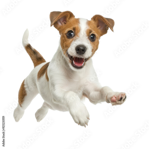 A small brown and white dog is jumping in the air, transparent or white background