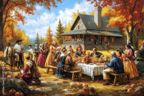 Thanksgiving pilgrims and indians illustration