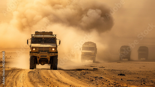 A convoy of military trucks driving through a desert landscape, dust clouds rising behind them