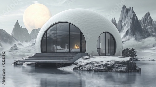 A futuristic domed house sits on a rocky island in the middle of a lake, surrounded by a serene alien mountain landscape. The house has large windows: scifi concept of colonizing the planet Mars 