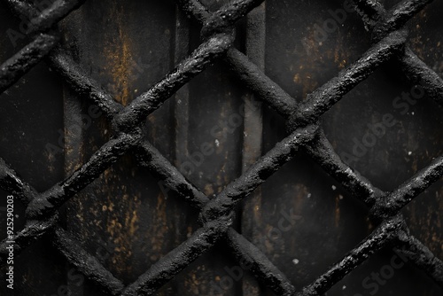 A detailed close-up of a dark and rusted metal fence, drawing attention to the pattern and texture formed over time.