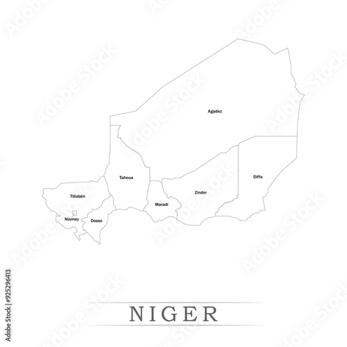 Administrative regions of NIGER. Province, state, division name with white map with black outline. Vector illustration 