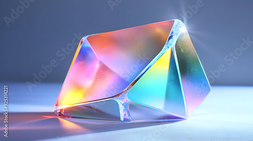 A large iridescent glass prism casts colorful light and refracts rainbow colors on a white surface.