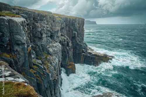 Rocky cliff juts into vast body of water, waves crashing against rocks, Rocks and cliffs lining the coastline, battered by the sea