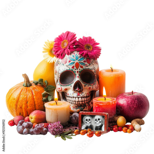 A vibrant Day of the Dead altar featuring a decorative skull, colorful flowers, candles, and seasonal fruits.