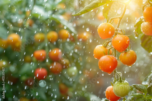 Tomato cherries on the rain drops.