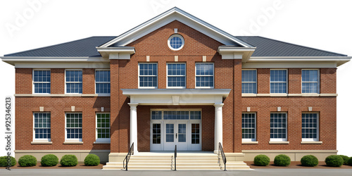 PNG traditional two-story brick building with shrubs transparent