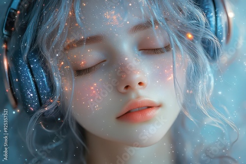 ethereal anime maiden with flowing pastel hair suspended in starfilled galaxy eyes closed in blissful reverie as she listens to cosmic melodies through nebulapatterned headphones