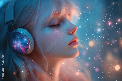 ethereal anime maiden with flowing pastel hair suspended in starfilled galaxy eyes closed in blissful reverie as she listens to cosmic melodies through nebulapatterned headphones