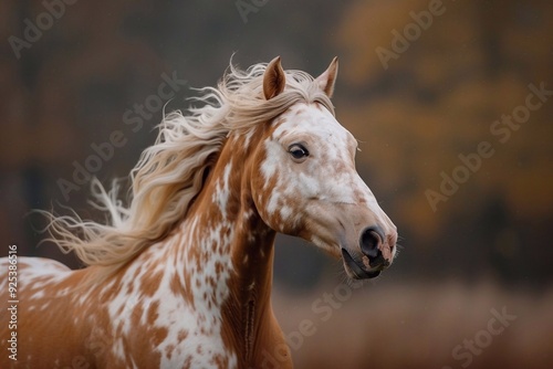 Capture the dynamic movement of a red and palomino horse with a flowing, long blonde mane. The horse should be depicted in a graceful, energetic pose, showcasing its beauty and strength. The mane shou