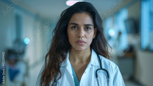 A serious-looking female doctor stands in a brightly lit hospital corridor, conveying professionalism and dedication in a medical environment.