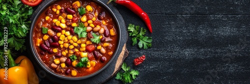 Delicious Chili Con Carne with Corn, Beans and Peppers - Stock Photo - A bowl of chili con carne with corn, beans, and peppers, garnished with cilantro, and a red chili pepper. The chili is served on 