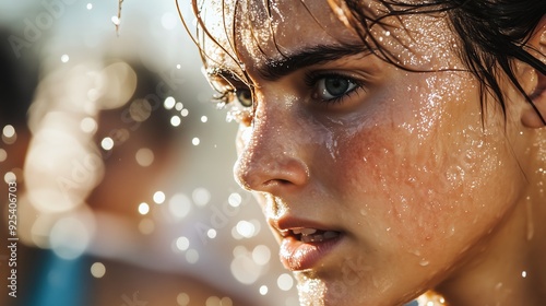 A marathon runner shines with sweat and determination, racing against fellow athletes in the final stretch.