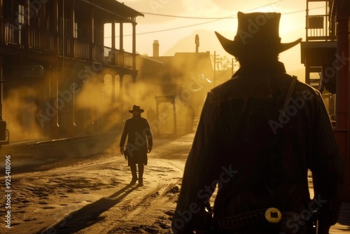 Wild West Duel at Sundown: Intense Gunmen Standoff on Deserted Street, Shadows and Dust