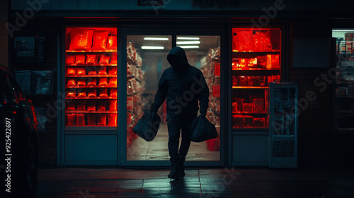 Hooded Figure Exiting Convenience Store at Night Depicting Retail Robbery Under Red Light