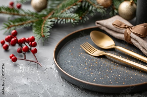 Elegant Holiday Table Setting With Gold Cutlery and Seasonal Decor