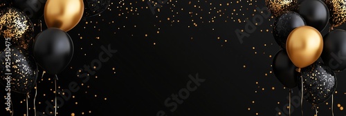 Celebration background with confetti and gold balloons Gold balloons on a black background. copy space for banner