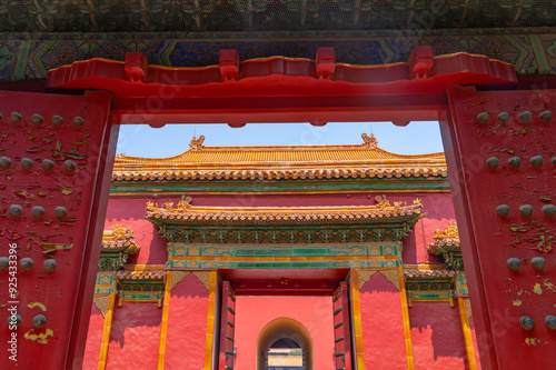 ancient Chinese architecture, building from entrance door in forbidden city in Beijing China