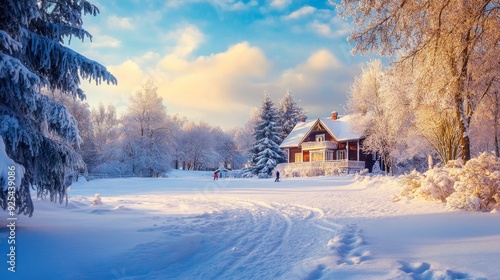 A cozy winter cabin surrounded by a snow-covered landscape under a clear blue sky. The peaceful setting is ideal for winter, holidays, and travel themes.