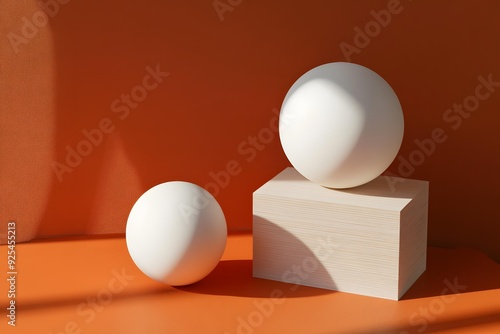 White Spheres and Wooden Block on Orange Background