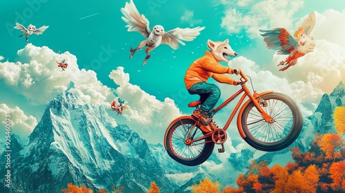 A children's illustration of animals riding a bicycle, flying through the sky with a mountainous background. Ideal for digital printing and custom design wallpaper. 