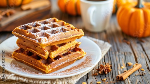 Pumpkin waffles on a small white plate on a wooden table against a background of small decorative pumpkins and a cup of coffee or tea.