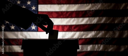 Silhouette of a male hand in a business suit throwing a ballot into a voting basket against the background of the American flag. Copy space.