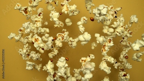 Slow motion shot of popcorn was throwing with yellow background. Fresh movie popcorn moving and falling. Popcorn in motion falling in a captivating dance. Dynamic movement and energy. Comestible.