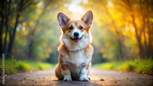 Cute corgi dog sitting obediently during a walk, corgi, dog, pet, sitting, obedient, walk, fluffy, adorable, animal, furry