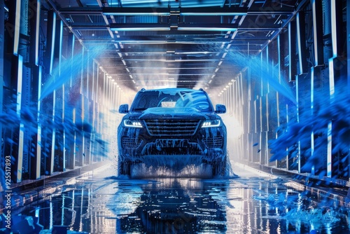 washing blue SUV car at automatic car wash