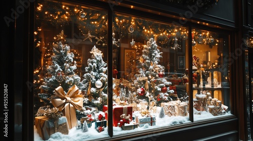 Festively decorated storefront window with snowy Christmas trees and holiday gifts at night