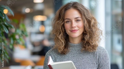 A woman with curly hair gives a serene smile while holding a book indoors, portraying contentment, knowledge, and the joy of learning in a brightly lit, inviting space.