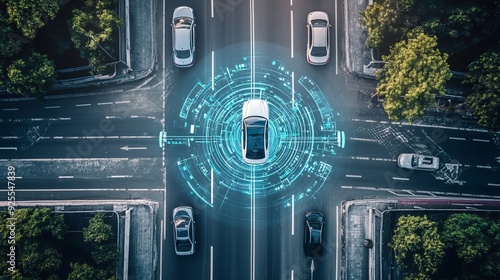 Aerial top-down drone view of an autonomous self-driving car navigating a city highway. The AI visualization concept includes high-tech sensors scanning the road for vehicles and speed limits. 