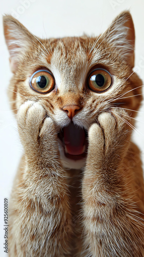 Adorable shocked cat with wide eyes and open mouth expressing amazement or surprise, isolated on white background.