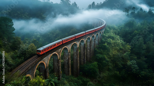 A train travels over a scenic viaduct surrounded by misty mountains.