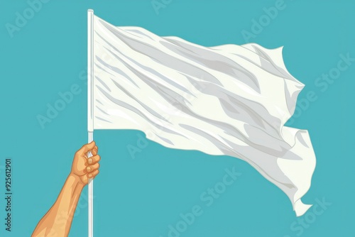 white flag held by a hand, signifying truce, fluttering gently, simple lines, minimalist design, symbolizing neutrality, surrender, peaceful offering, soft and clean appearance.