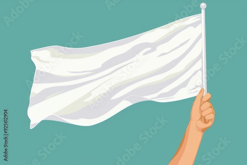 white flag held by a hand, signifying truce, fluttering gently, simple lines, minimalist design, symbolizing neutrality, surrender, peaceful offering, soft and clean appearance.