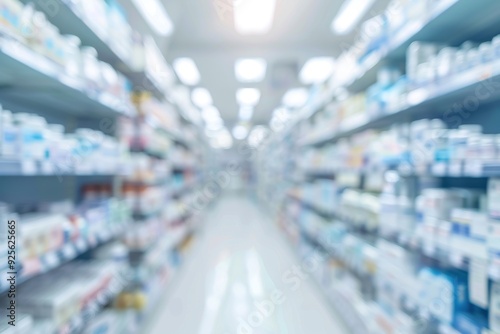 Pharmacy with blurred light shelves of medicines.