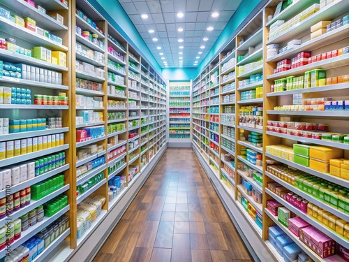 Colorful rows of shelves stocked with various medications, vitamins, and healthcare products Stretch along a well-lit pharmacy aisle, creating a clean and organized shopping environment.